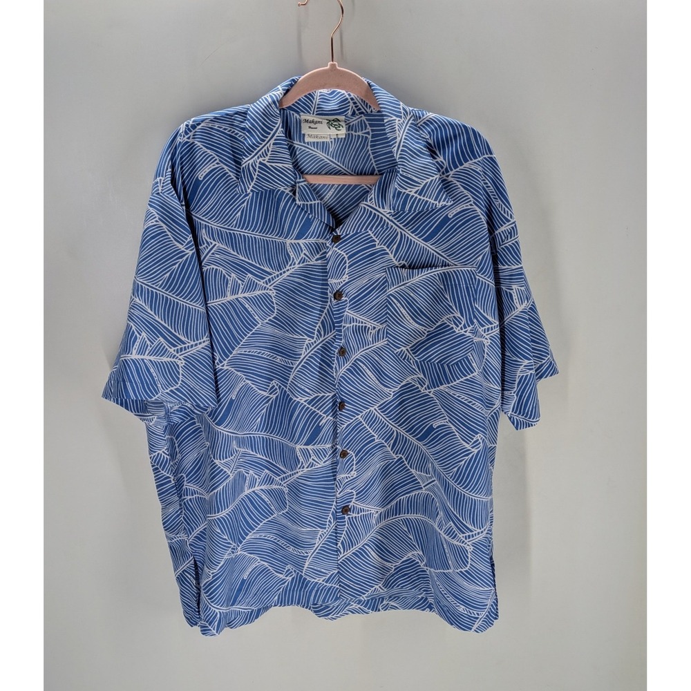 Makani Hawaii Mens XL Blue White Palm Leaf Print Aloha Camp Shirt Microfiber